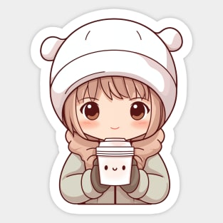 Kawaii little girl drinking hot chocolate Sticker